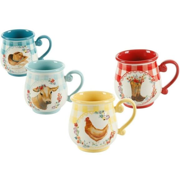 Pioneer Woman Novelty Gingham Latte Coffee Mugs 4pc Country Stoneware 16 oz Gift - Picture 1 of 6